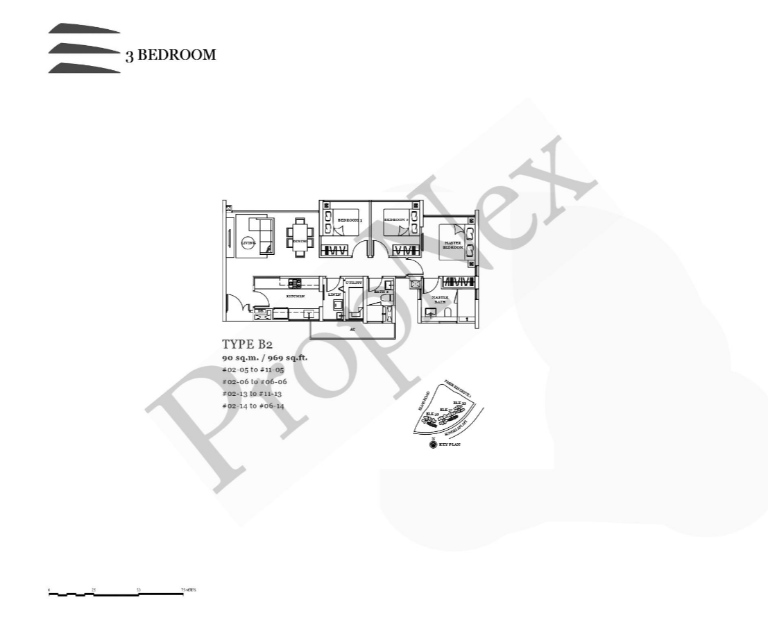 Belysa 3-bedroom B2 floor plan at 969 sqft showing dumbbell layout with master and common rooms on opposite ends