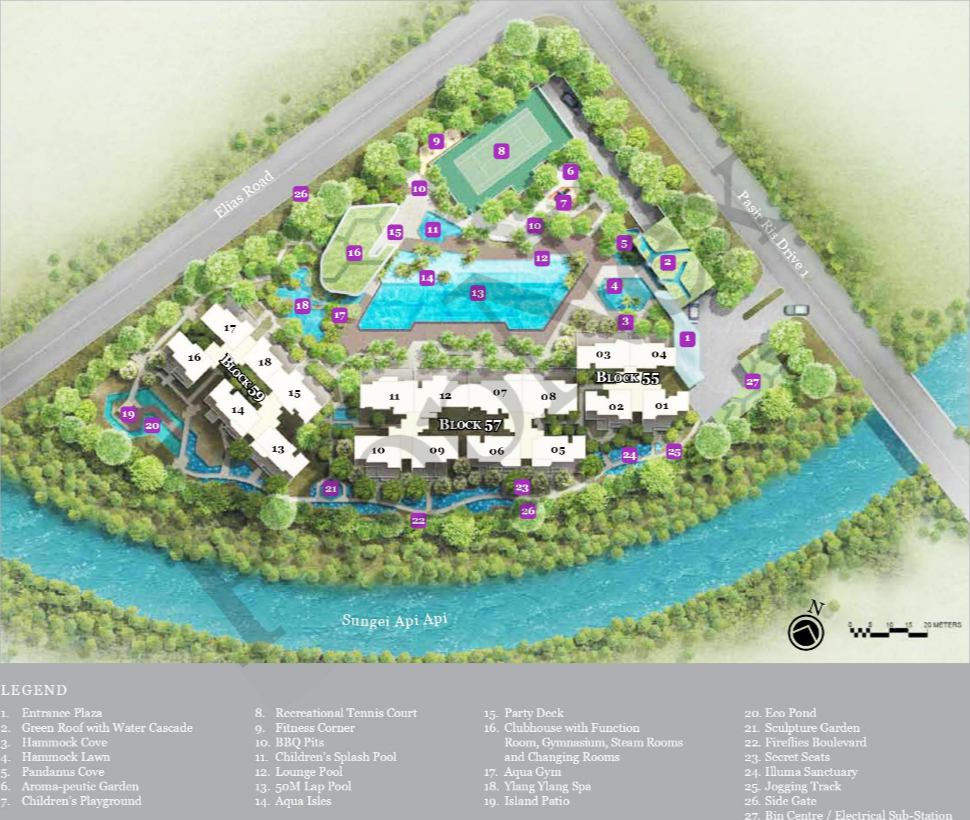 Belysa site plan showing three residential blocks across 162,987 sqft of land in Pasir Ris