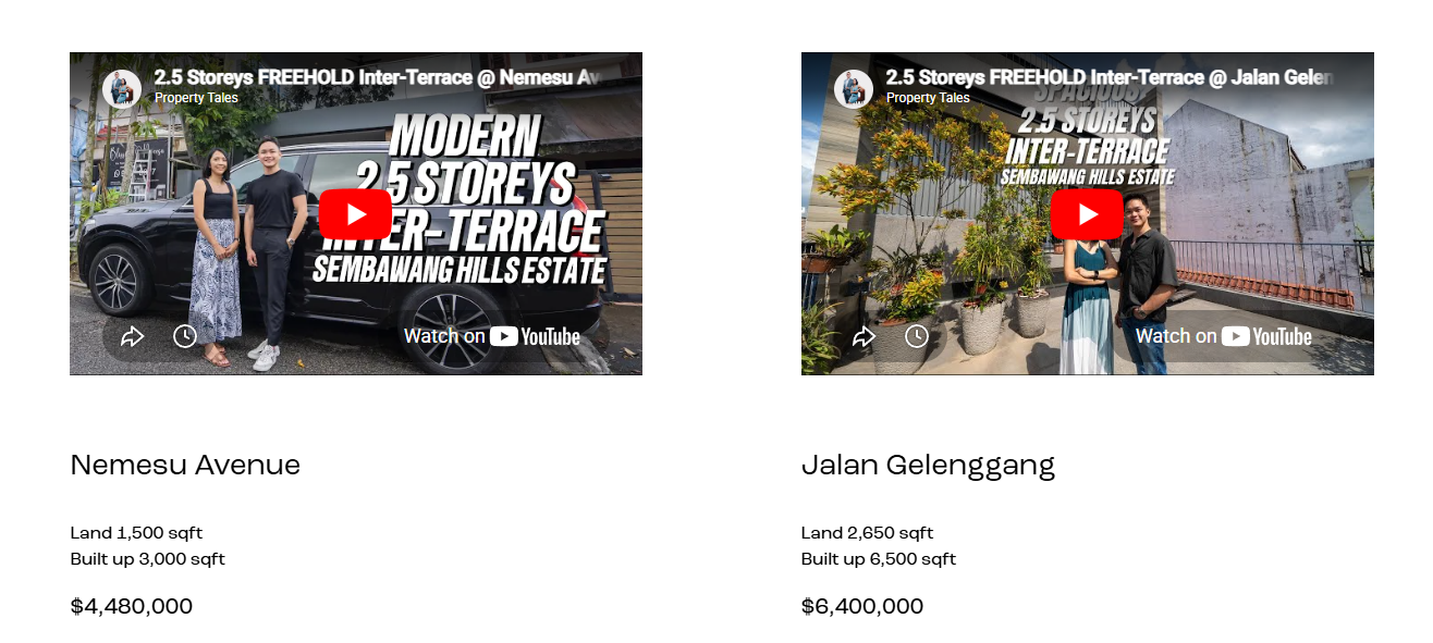 Two recent landed listings from Property Tales SG: Nemesu Avenue at $4.48M (1,500 sqft land, 3,000 sqft built) and Jalan Gelenggang at $6.4M (2,650 sqft land, 6,500 sqft built), both 2.5-storey freehold inter-terraces in Sembawang Hills Estate.