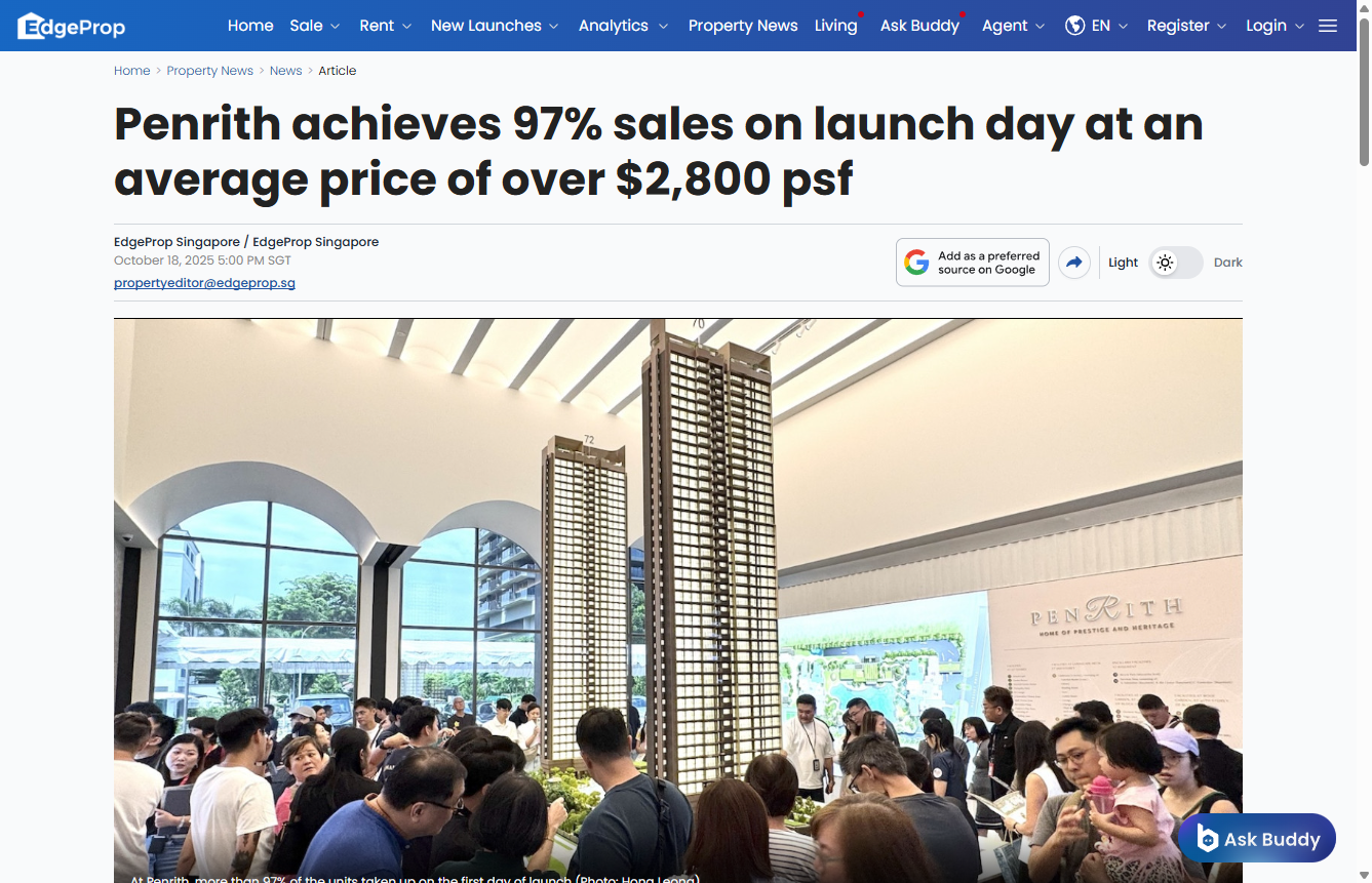 EdgeProp news report: Penrith achieves 97% sales on launch day at an average price above $2,800 psf