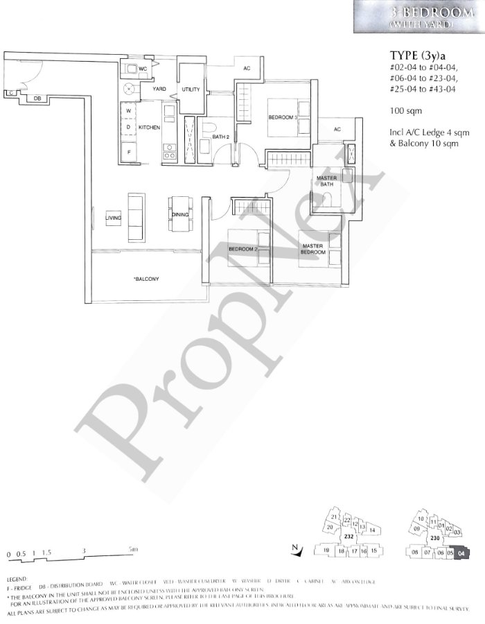Commonwealth Towers 3 bedroom floor plan type 3ya 1076 sqft with enclosed kitchen and utility
