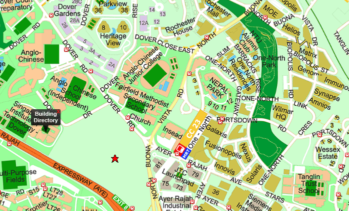 Dover Drive GLS wider location map showing one-north MRT, Anglo-Chinese School, Fusionopolis, Biopolis, LaunchPad, and Star Vista in District 5
