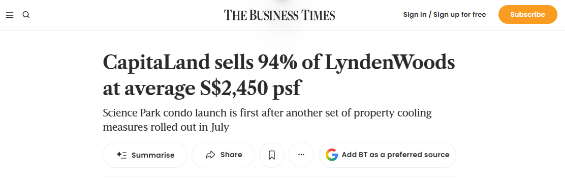 Business Times headline showing CapitaLand sells 94 percent of LyndenWoods at average S$2,450 psf