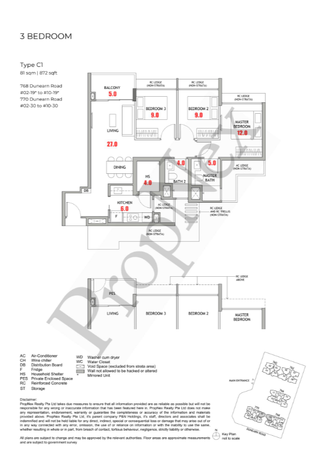 Dunearn House 3 bedroom floor plan Type C1 872 sqft with 9 sqm common bedrooms