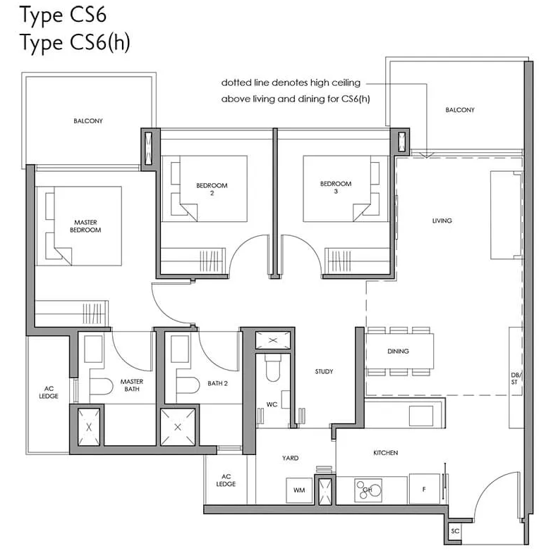 Fourth Avenue Residences 3 bedroom study floor plan CS6 1109 sqft