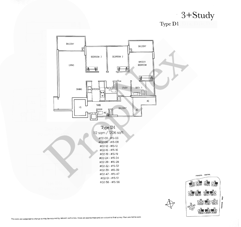 A Treasure Trove D1 3-bedroom-with-study floor plan 1206 sqft Punggol Walk