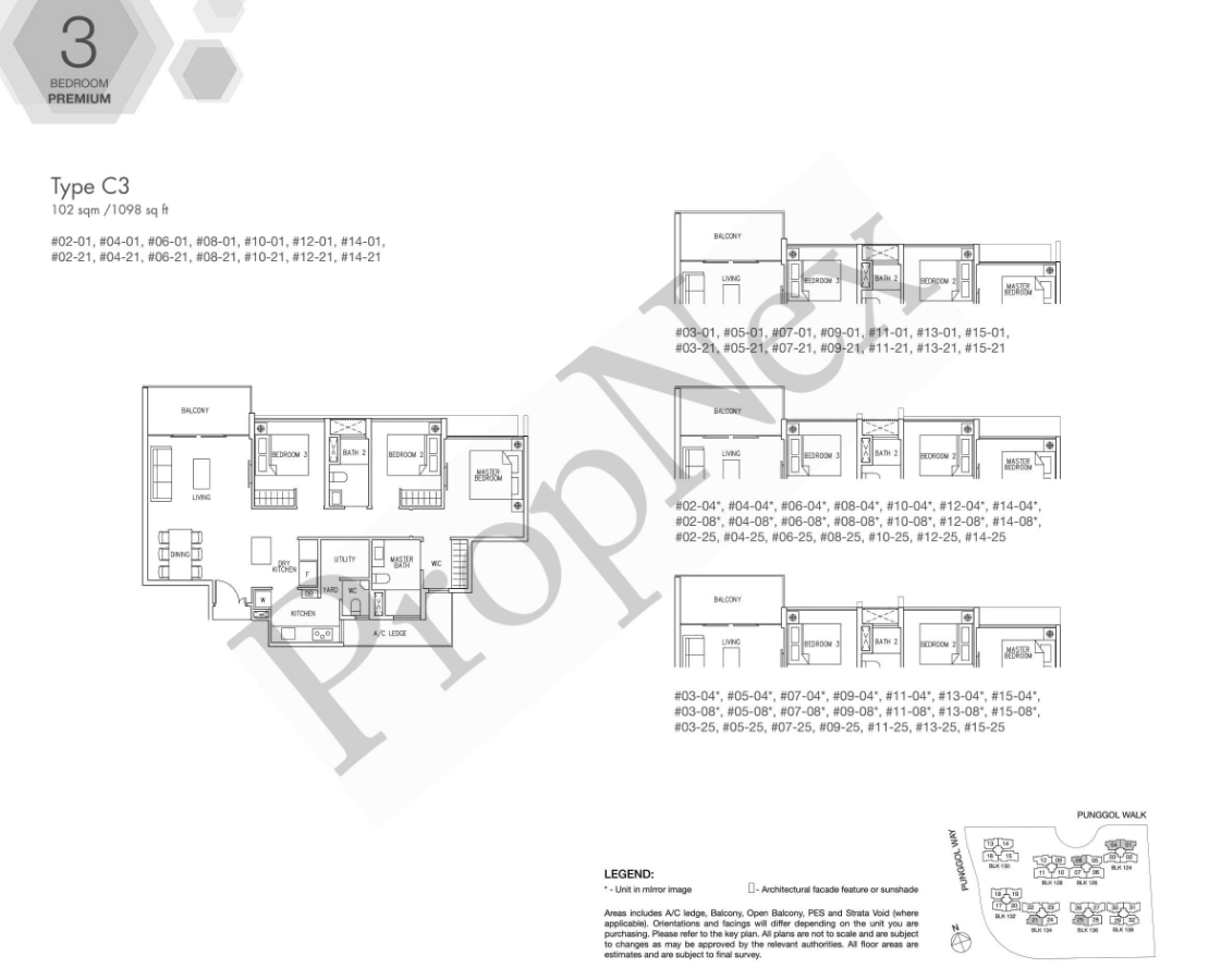 Ecopolitan C3 3-bedroom floor plan 1098 sqft Punggol Walk standard family layout