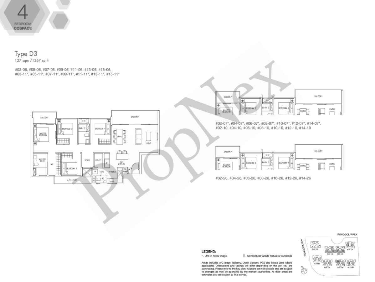 Ecopolitan D3 4-bedroom-with-study floor plan 1367 sqft Punggol Walk family layout