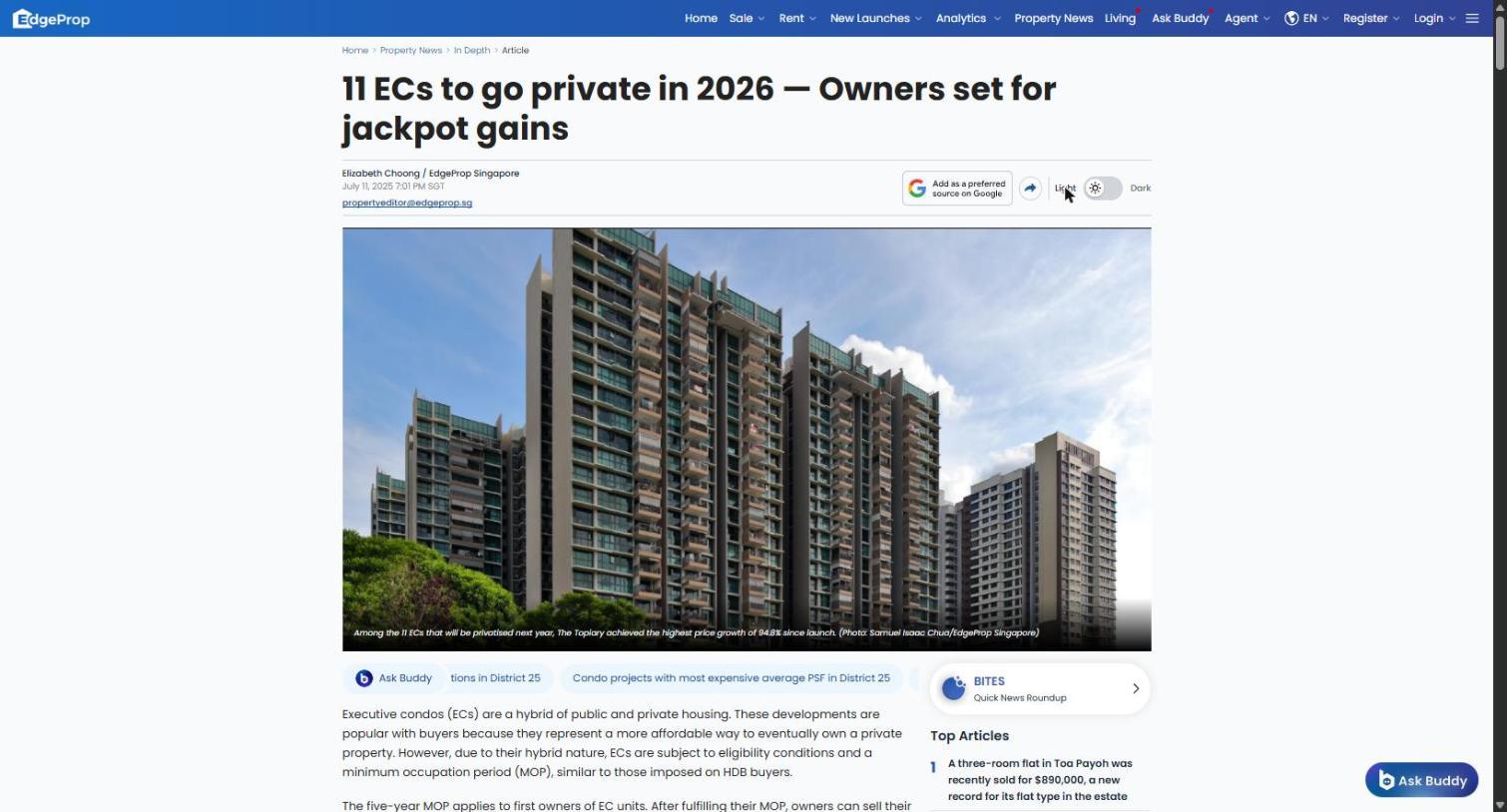 EdgeProp news report on 11 executive condominiums going private in 2026, a cohort that includes Ecopolitan at Punggol Walk