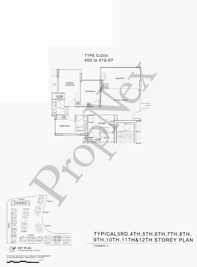 Watertown Cc2(b) 3-bedroom floor plan 1130 sqft Punggol Central integrated MRT