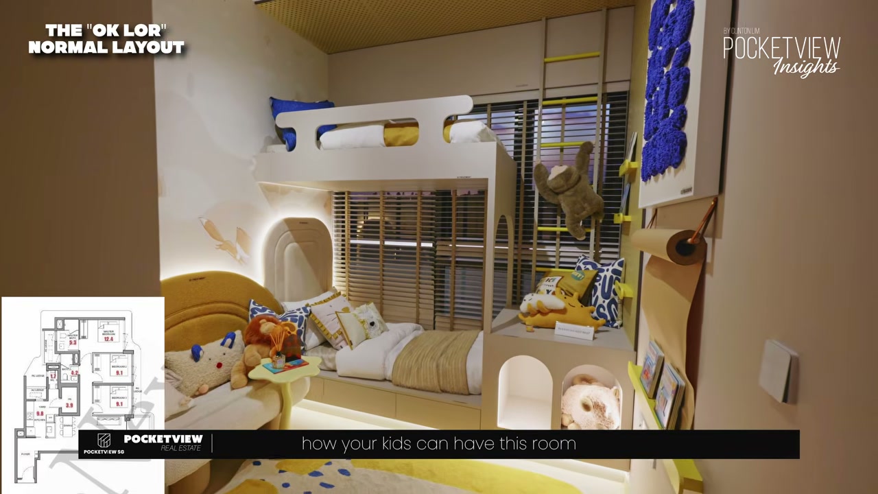 Layout 1 common bedroom staged as a kids' room with a bunk bed configuration, illustrating the 9.1 sqm footprint used across all three common bedrooms in the 1,033 sqft 3-bedroom.