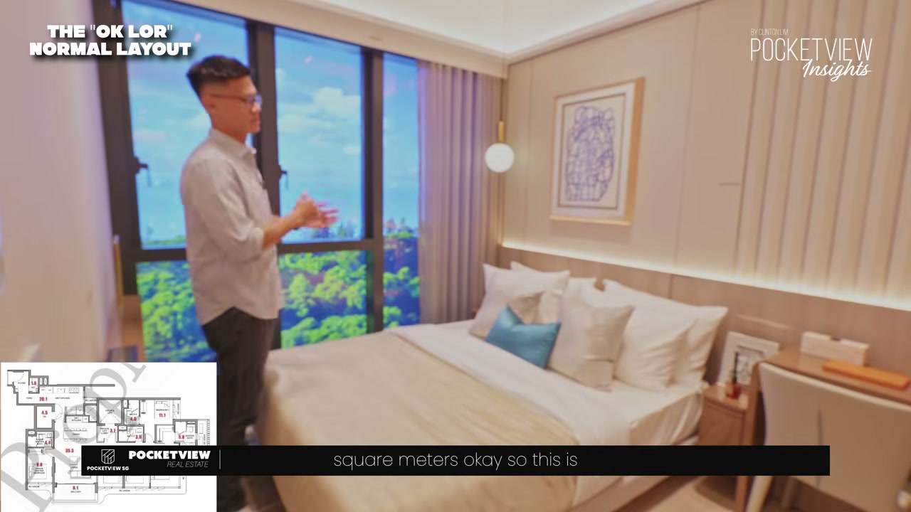 Layout 2 master bedroom in the 1,582 sqft 5-bedroom, with a queen-size bed, a full-height window, and a glass-panel feature wall.