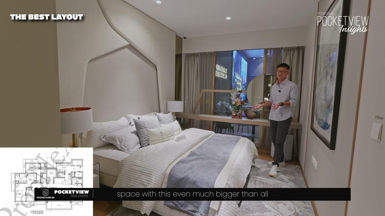 Layout 3 junior master bedroom in the 2,131 sqft 5-bedroom, with a king-size bed, a feature headboard wall, and Clinton standing in the room to demonstrate the 15 sqm scale.
