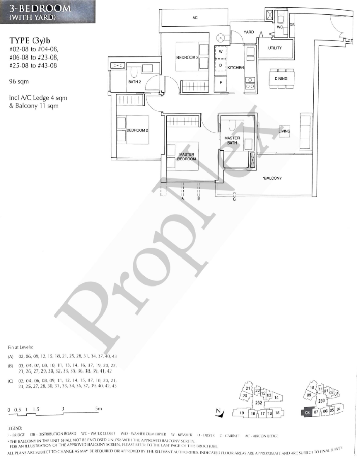 Commonwealth Towers Type 3yb floor plan, 1,033 sqft 3-bedroom with yard — enclosed kitchen separated from dining, utility room, common bedrooms sized for queen beds, balcony running along the living edge