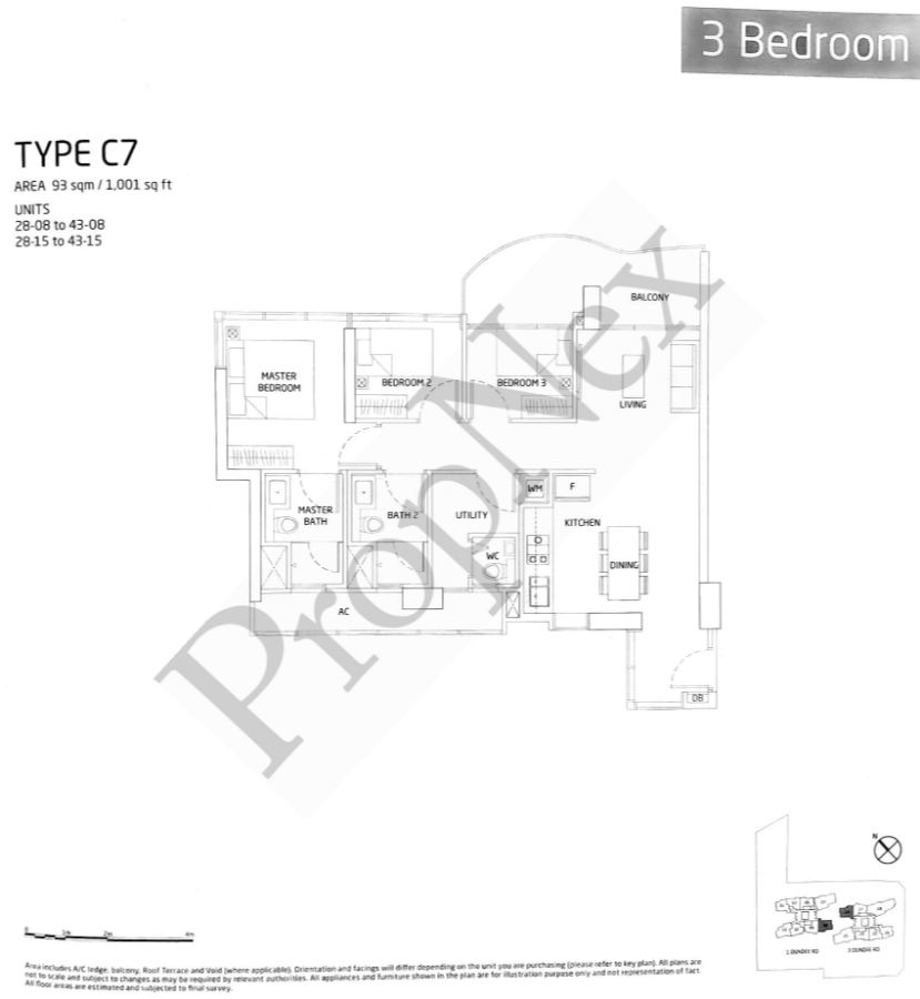 Queens Peak Type C7 floor plan, 1,001 sqft 3-bedroom — open-concept kitchen flowing into the dining, oversized balcony pressing against bedrooms two and three, utility room sized larger than the common bedrooms