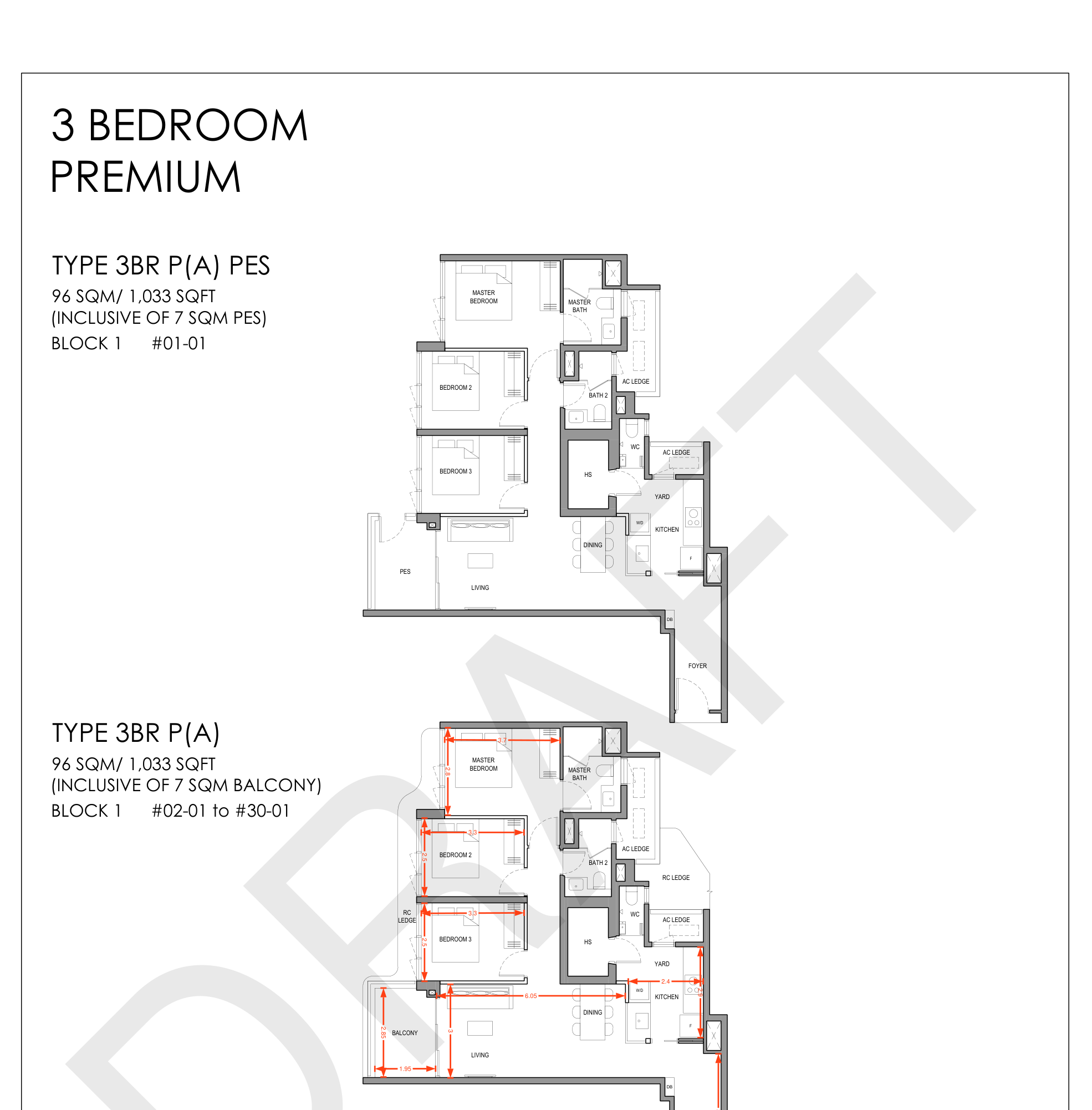 Layout 1 floor plan, Type 3BR P(A), 96 sqm / 1,033 sqft 3-bedroom premium with three nearly identical common bedrooms and an open kitchen at the foyer end of the plan