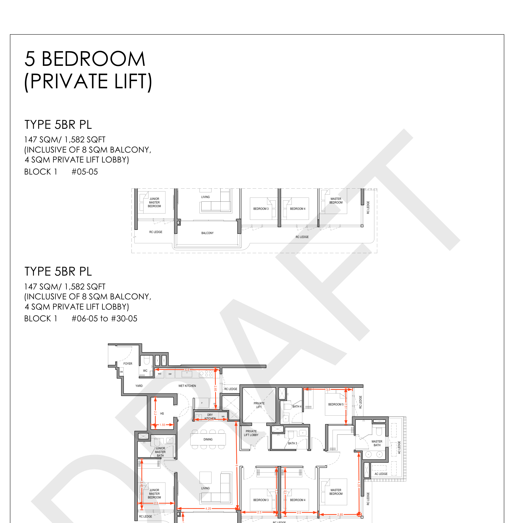 Layout 2 floor plan, Type 5BR PL, 147 sqm / 1,582 sqft 5-bedroom with private lift lobby — the 20 sqm kitchen with a long walkway to the back-of-house and the bomb shelter awkwardly placed near the entry are visible at the top of the plan