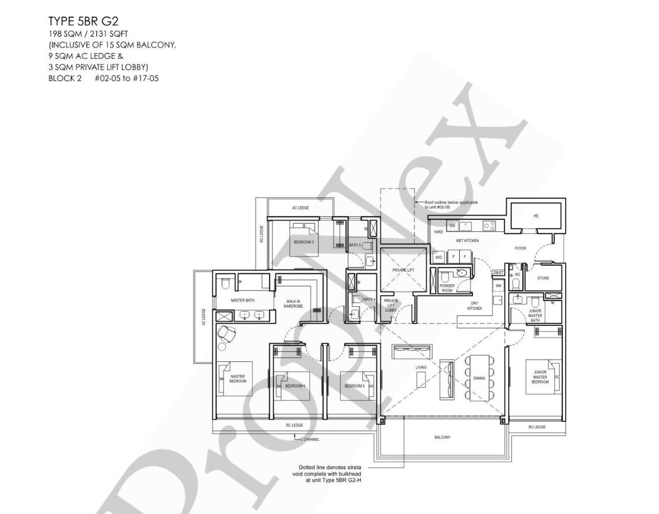 Layout 3 floor plan, Type 5BR G2 — 198 sqm / 2,131 sqft 5-bedroom with private lift, separate wet and dry kitchens, a junior master with its own bathroom, a powder room off the foyer, and a household shelter kept separate from the store