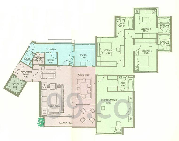 Sovereign at Meyer Road 4-bedroom floor plan, approximately 2,637 sqft — a 39.3 sqm master bedroom, three bedrooms between 16 and 18 sqm, an enclosed kitchen, a private lift lobby, and a separate yard with utility