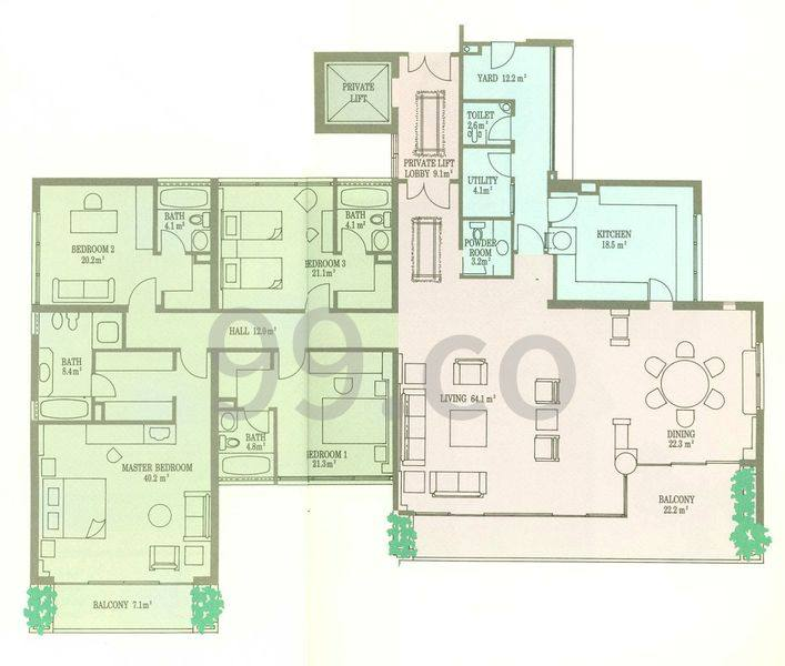 Sovereign at Meyer Road 4-bedroom floor plan, approximately 3,305 sqft — a 40.2 sqm master bedroom, three further bedrooms above 20 sqm each, a 64.1 sqm living room, an enclosed 18.5 sqm kitchen with separate utility and yard, and a private lift
