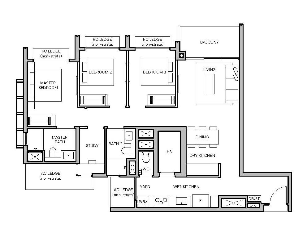 Hudson Place Residences C4 floor plan 1055sqft 3 bedroom premium plus study with wet dry kitchen yard helper room