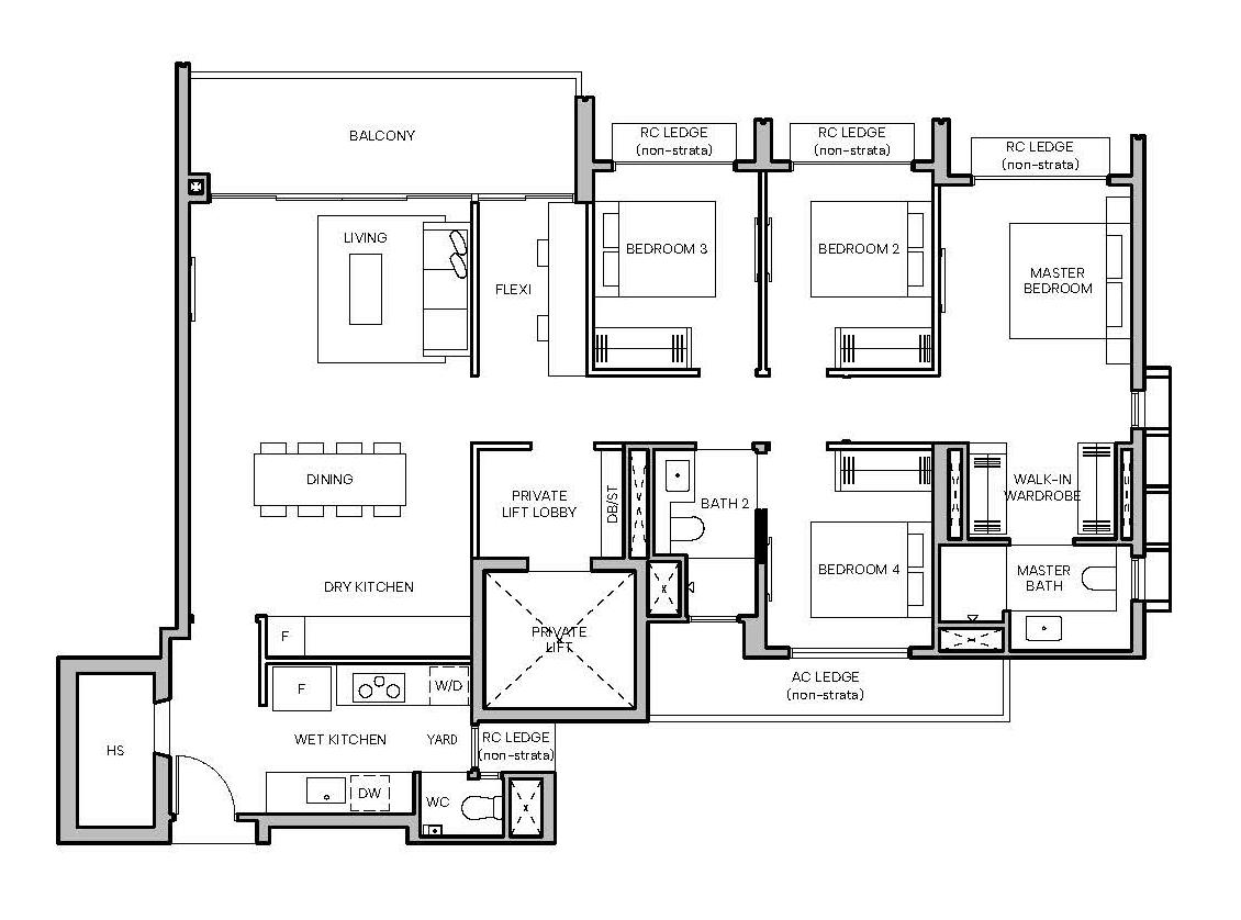 Hudson Place Residences D2a floor plan 1432sqft 4 bedroom suite plus flexi private lift walk-in wardrobe