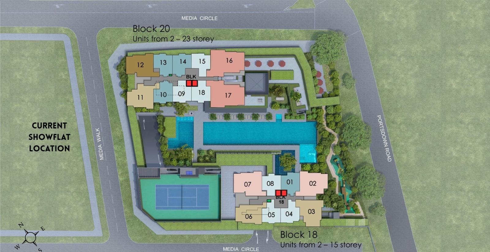 Hudson Place Residences site plan showing Block 18 (15 storey) Block 20 (23 storey) showflat location pool tennis court