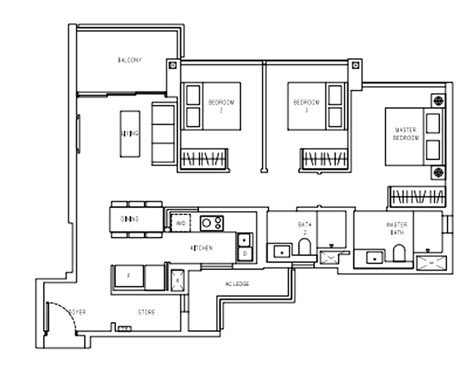 Jadescape 3-bedroom floor plan, Type C2a, 1,012 sqft, aircon ledge inside the strata area