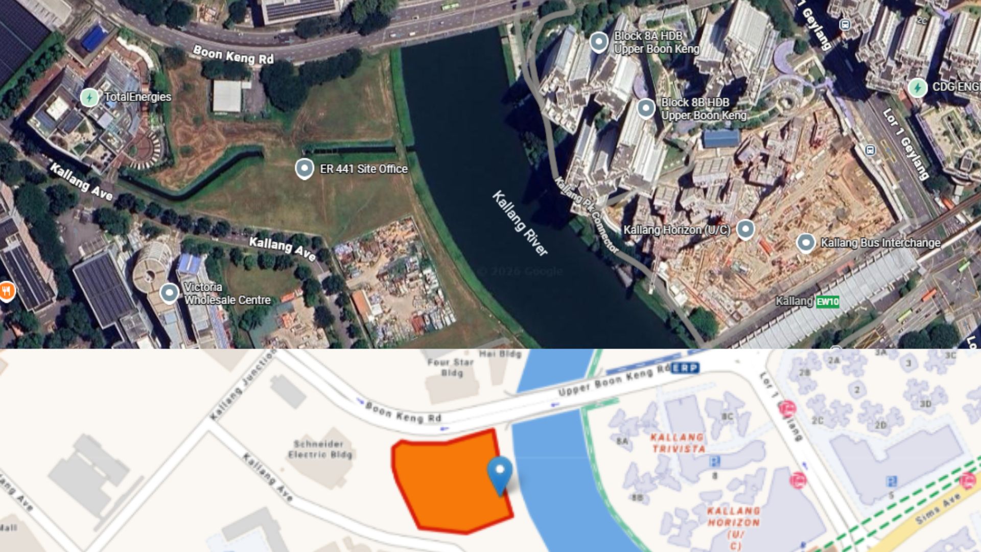 Aerial and map view of the Kallang Close GLS site, with the highlighted plot between Boon Keng Road and the Kallang River in the Kampong Bugis precinct, District 12, a short walk from Kallang MRT (EW10)