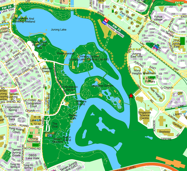 Jurong Lake Gardens overview showing the 90-hectare park network including Boardwalk and Boating Wetland, Chinese Garden, Japanese Garden, Lakeside Towers and surrounding residential clusters