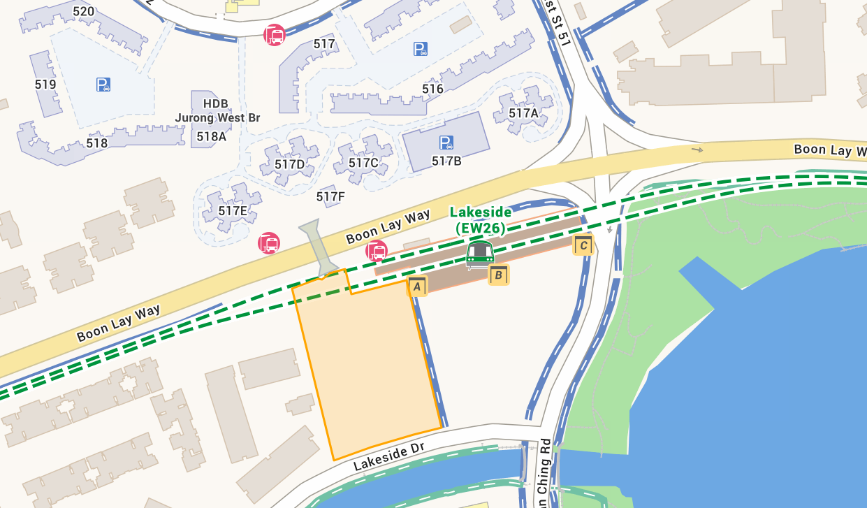 Lakeside Drive GLS site map showing the orange parcel directly adjacent to Lakeside MRT EW26 station with surrounding HDB blocks and Boon Lay Way frontage