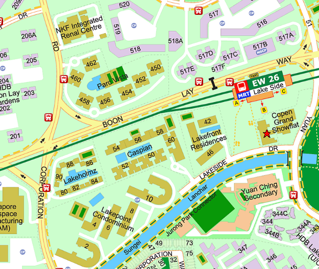Wider area map showing the HDB cluster around Lakeside MRT including Jurong West Streets 41 and 51 with adjacent condominiums