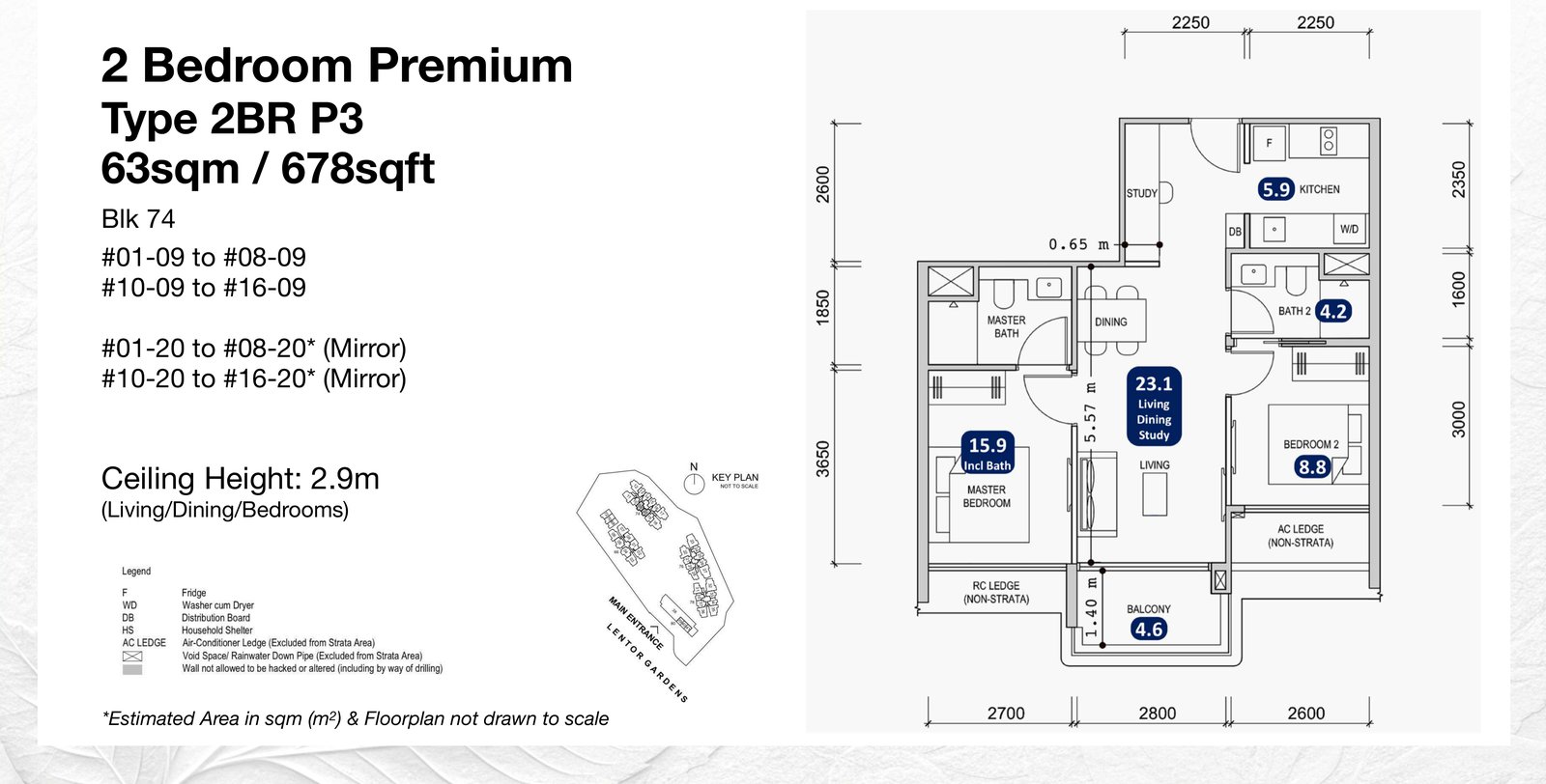 Lentor Gardens Residences 678 sqft 2-bedroom floor plan with enclosed kitchen, type 2BR P3