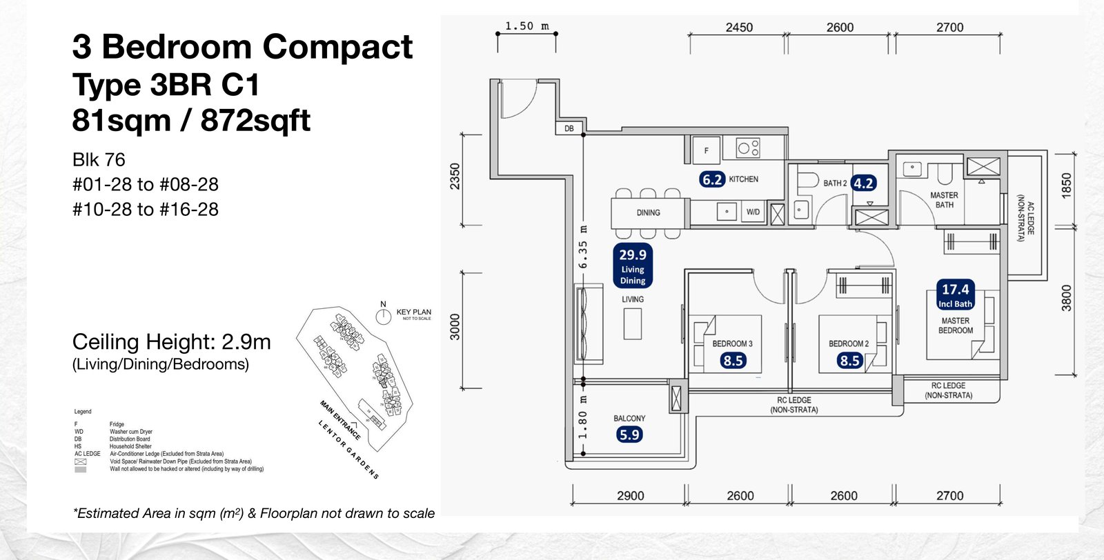 Lentor Gardens Residences 872 sqft 3-bedroom compact floor plan, type 3BR C1