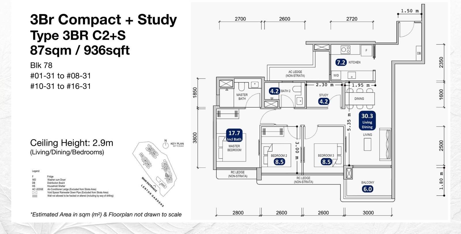 Lentor Gardens Residences 936 sqft 3-bedroom compact plus study floor plan with enclosed kitchen, type 3BR C2+S