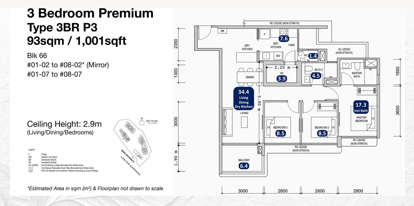 Lentor Gardens Residences 1,001 sqft 3-bedroom premium floor plan with wet and dry kitchen, type 3BR P3