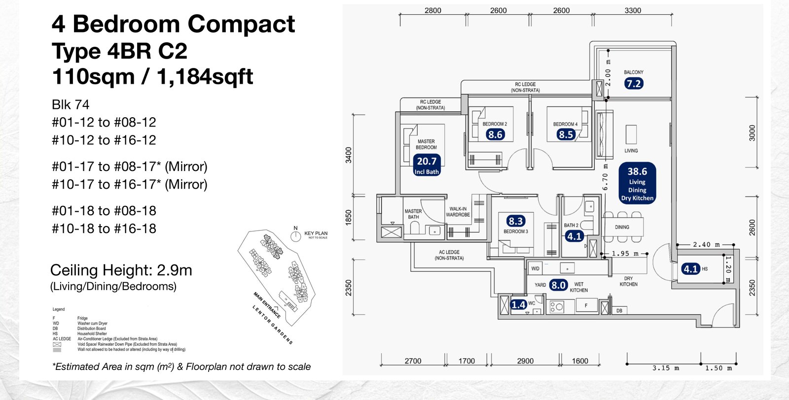 Lentor Gardens Residences 1,184 sqft 4-bedroom compact floor plan with walk-in wardrobe, type 4BR C2