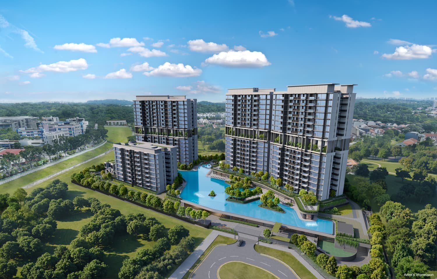 Aerial render of the Lentor Gardens Residences condo showing four blocks around the central pools