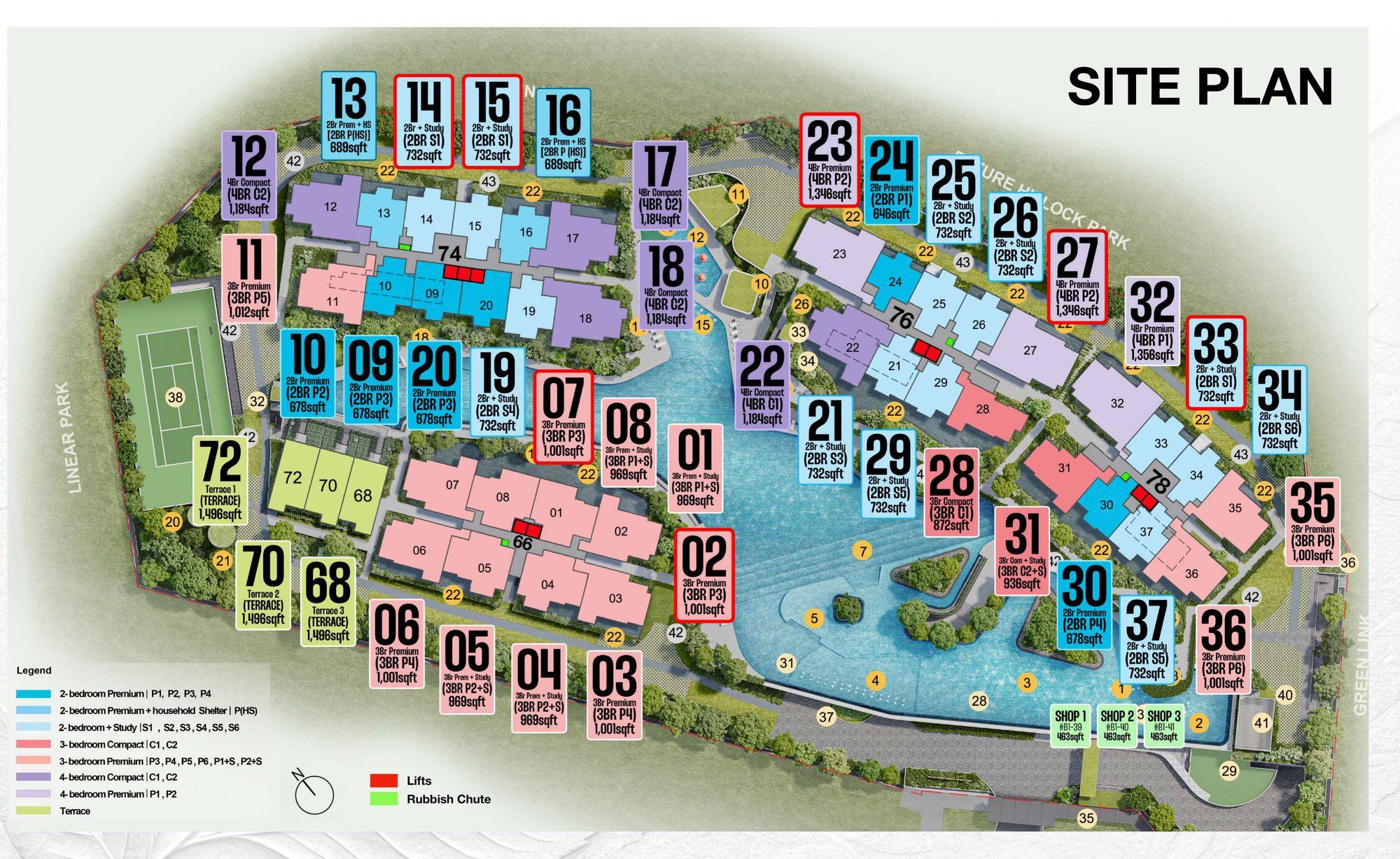 Lentor Gardens Residences Singapore site plan showing four residential blocks, terraces, shops and unit type distribution