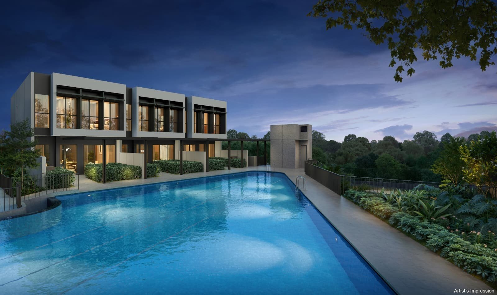 Render of the three Lentor Gardens Residences strata terrace houses beside the lap pool