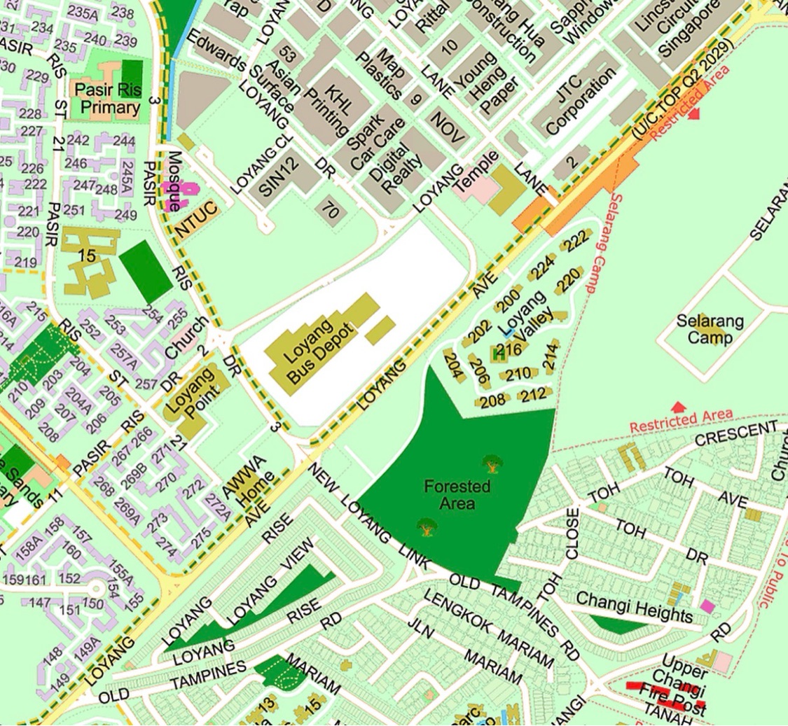URA area map showing Loyang Valley site bordered by Selarang Camp east, forested reserve south, Loyang Bus Depot west, and Loyang Industrial Estate north