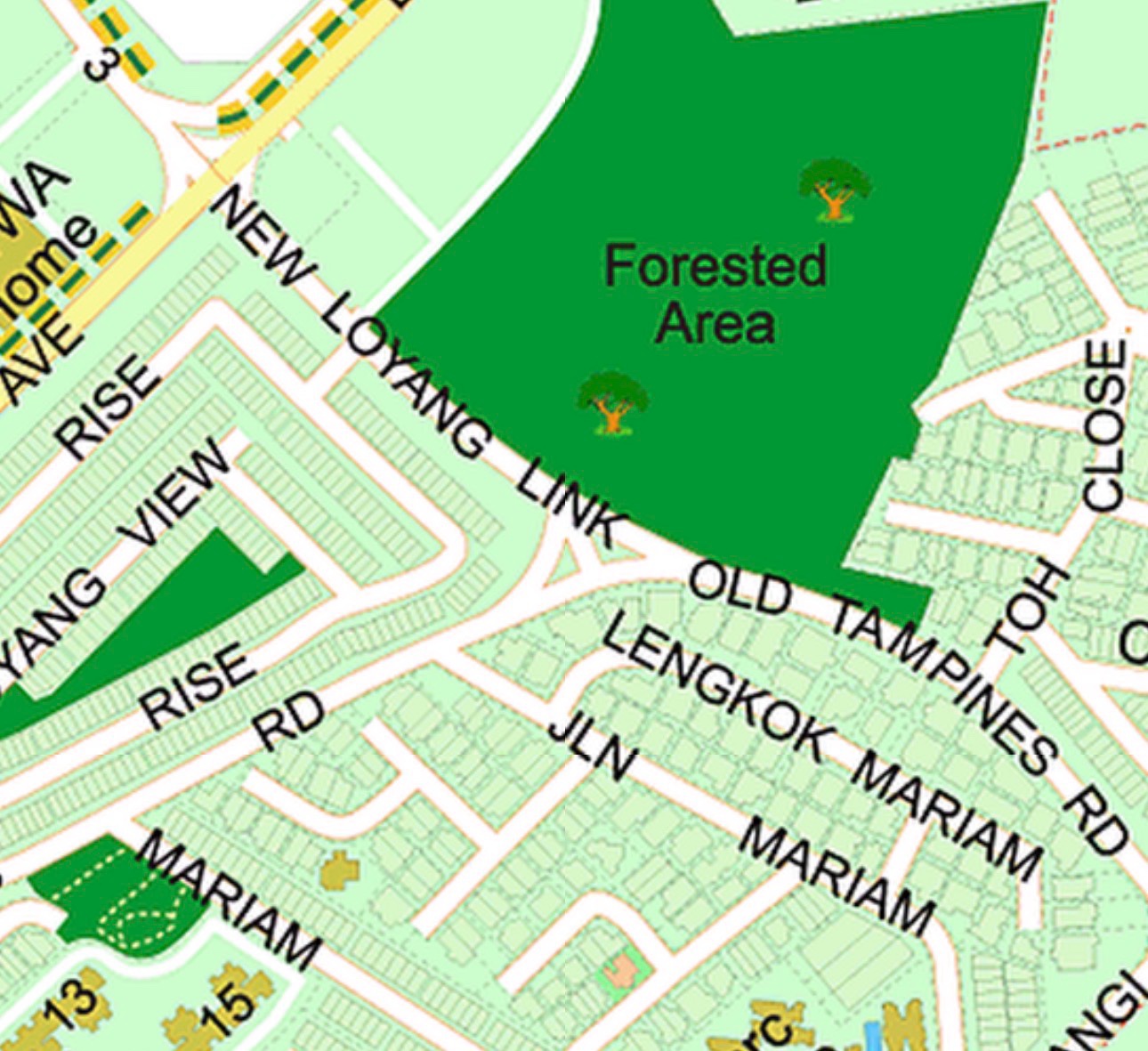 Close-up URA map of the protected forested reserve and landed housing south of Loyang Valley, along Jalan Mariam, Lengkok Mariam, Loyang View Rise, and Old Tampines Road