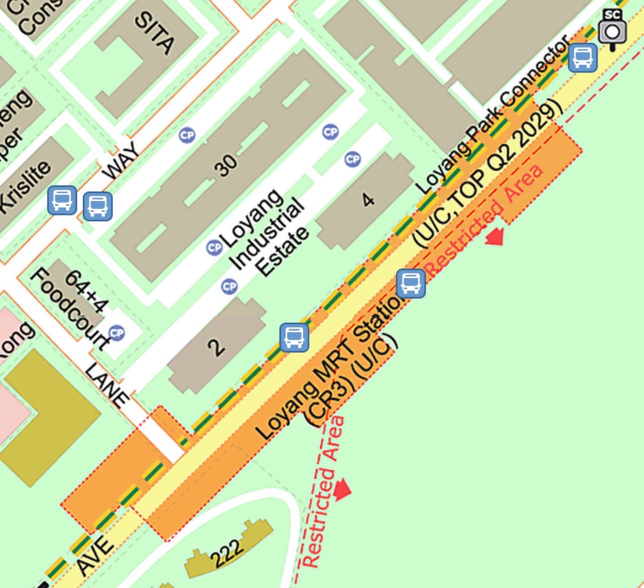 URA construction map showing Loyang MRT Station CR3 under construction along Loyang Avenue with TOP Q2 2029 notation