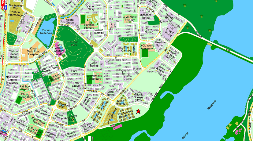 Wider street directory view of Yishun and the Miltonia Close EC site showing proximity to Lower Seletar Reservoir and The Criterion and Signature at Yishun executive condos on Yishun Street 51