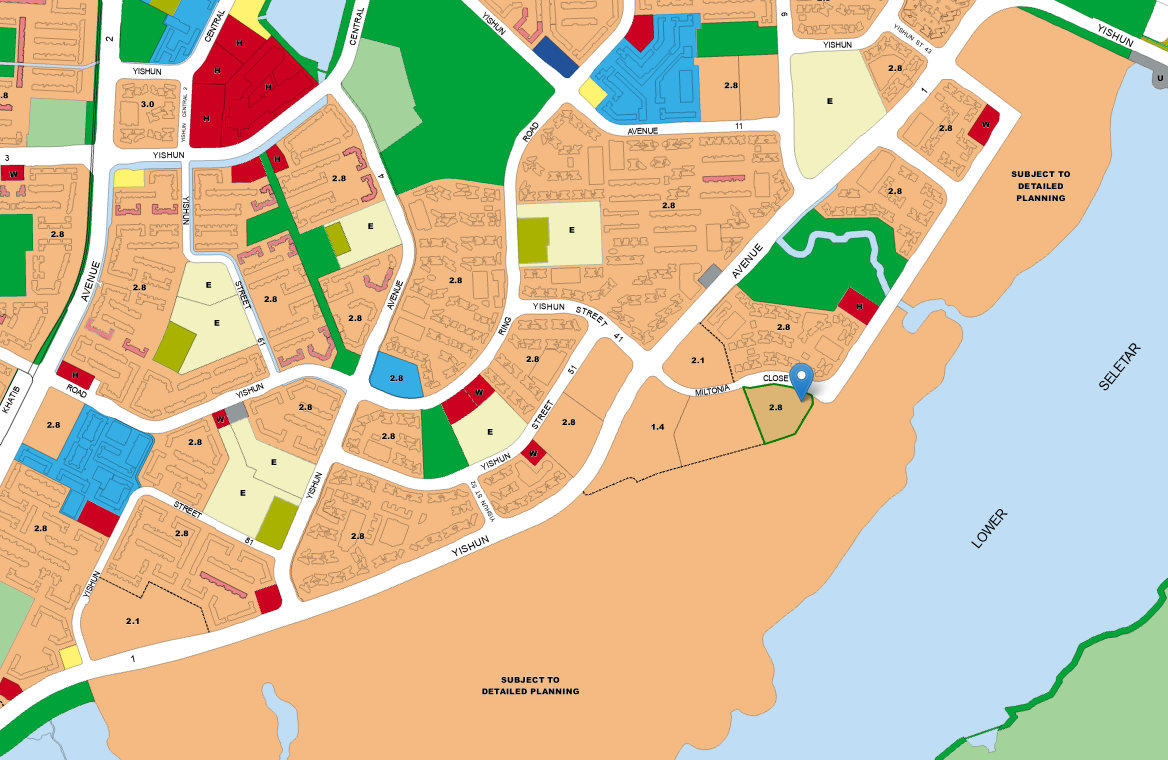 Miltonia Close EC site location on URA Draft Master Plan 2025 showing adjacent Orchid Country Club land subject to detailed planning for residential rezoning with Lower Seletar reservoir on the east