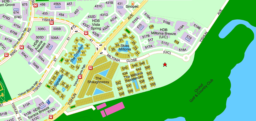 Miltonia Close EC GLS site close up showing Orchid Country Club clubhouse buildings and Lower Seletar Reservoir water frontage east of the development