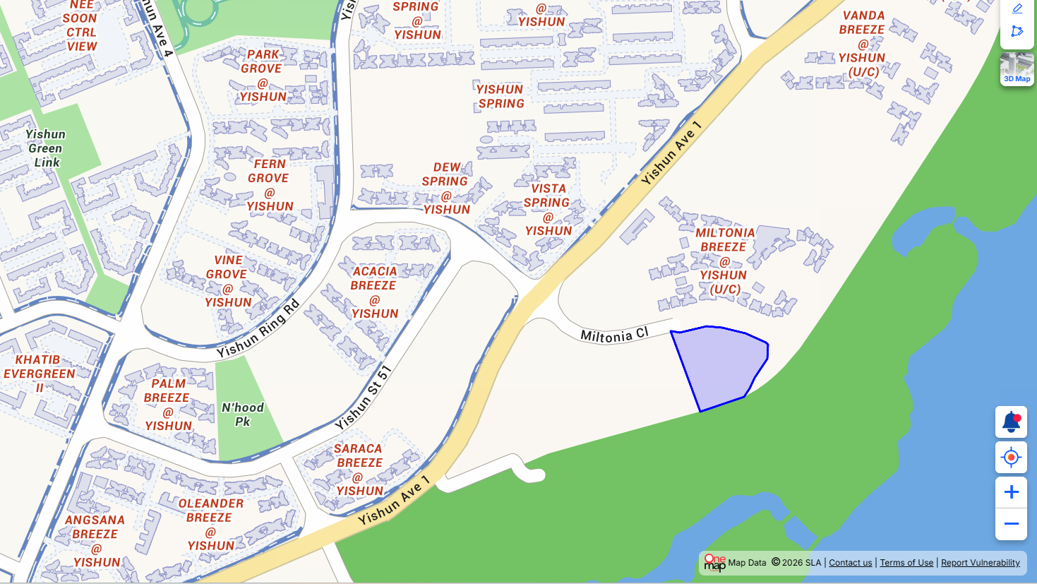 Miltonia Close EC GLS site and surrounding Yishun HDB estates on street directory showing Miltonia Breeze Saraca Breeze Acacia Breeze and Yishun Spring Build-To-Order projects next to the Lower Seletar Reservoir