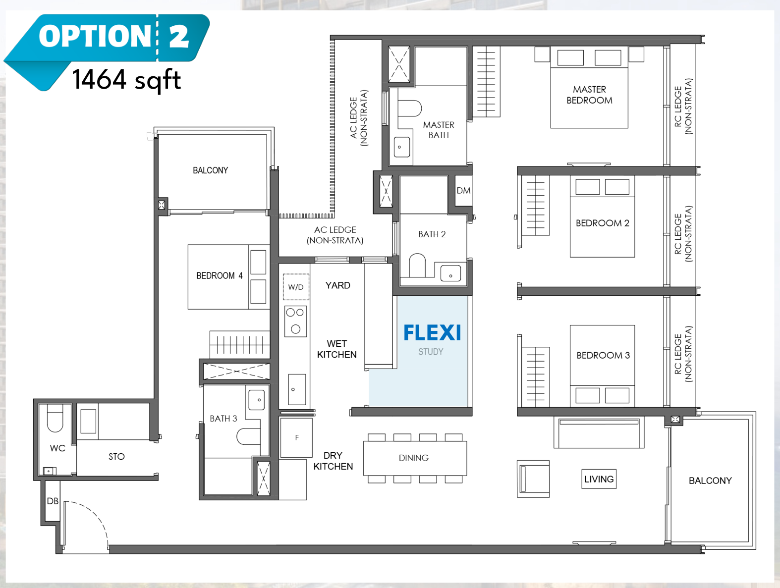 Nava Grove 4BR plus Flexi floor plan, 1,464 sqft new layout for stack 14, with an open flexi room off the dining