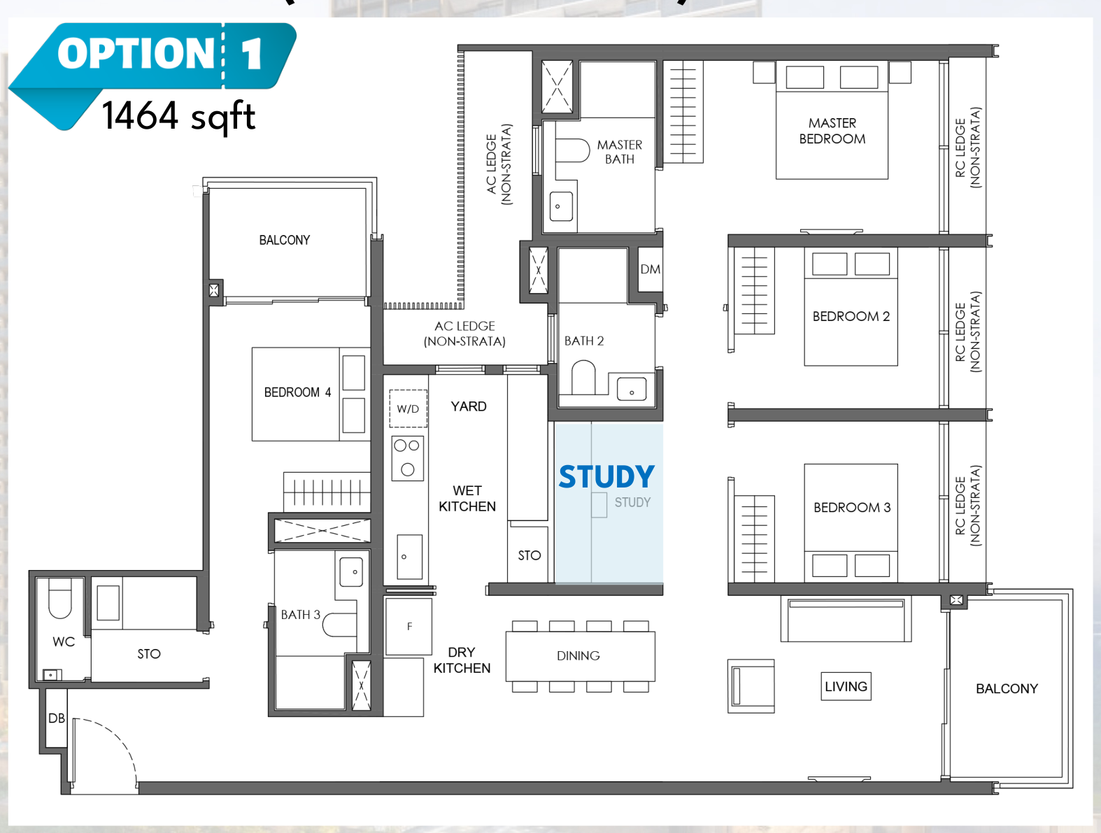 Nava Grove 1,464 sqft 4-bedroom floor plan, stack 14, shown in the 4BR+Study configuration with a full dumbbell layout