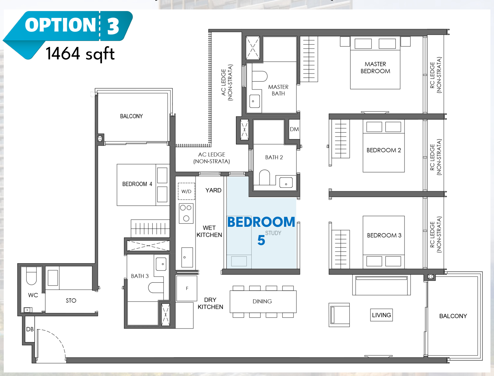 Nava Grove 5BR Compact floor plan, 1,464 sqft new layout for stack 14, with the central room closed off as a fifth bedroom